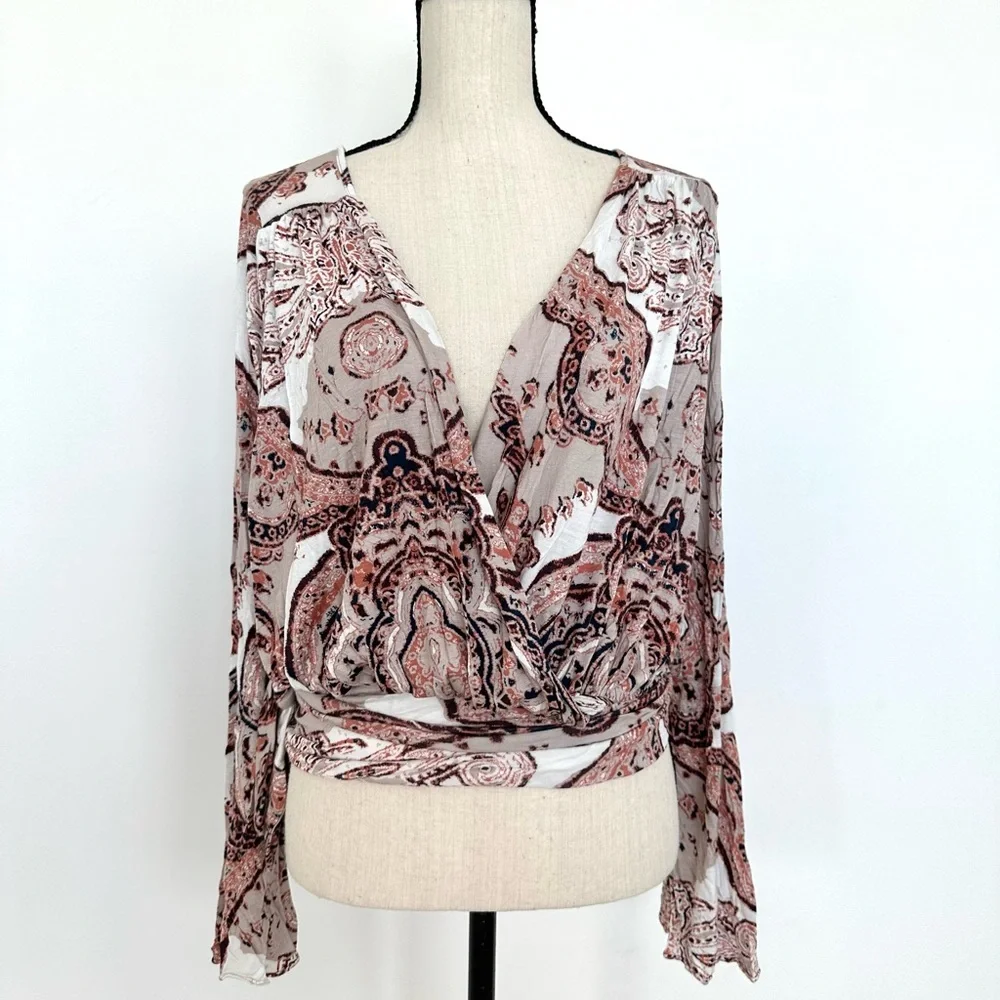 Free People Fiona Paisley Faux Wrap Top Boho Bell Sleeve Surplice Blouse Size M